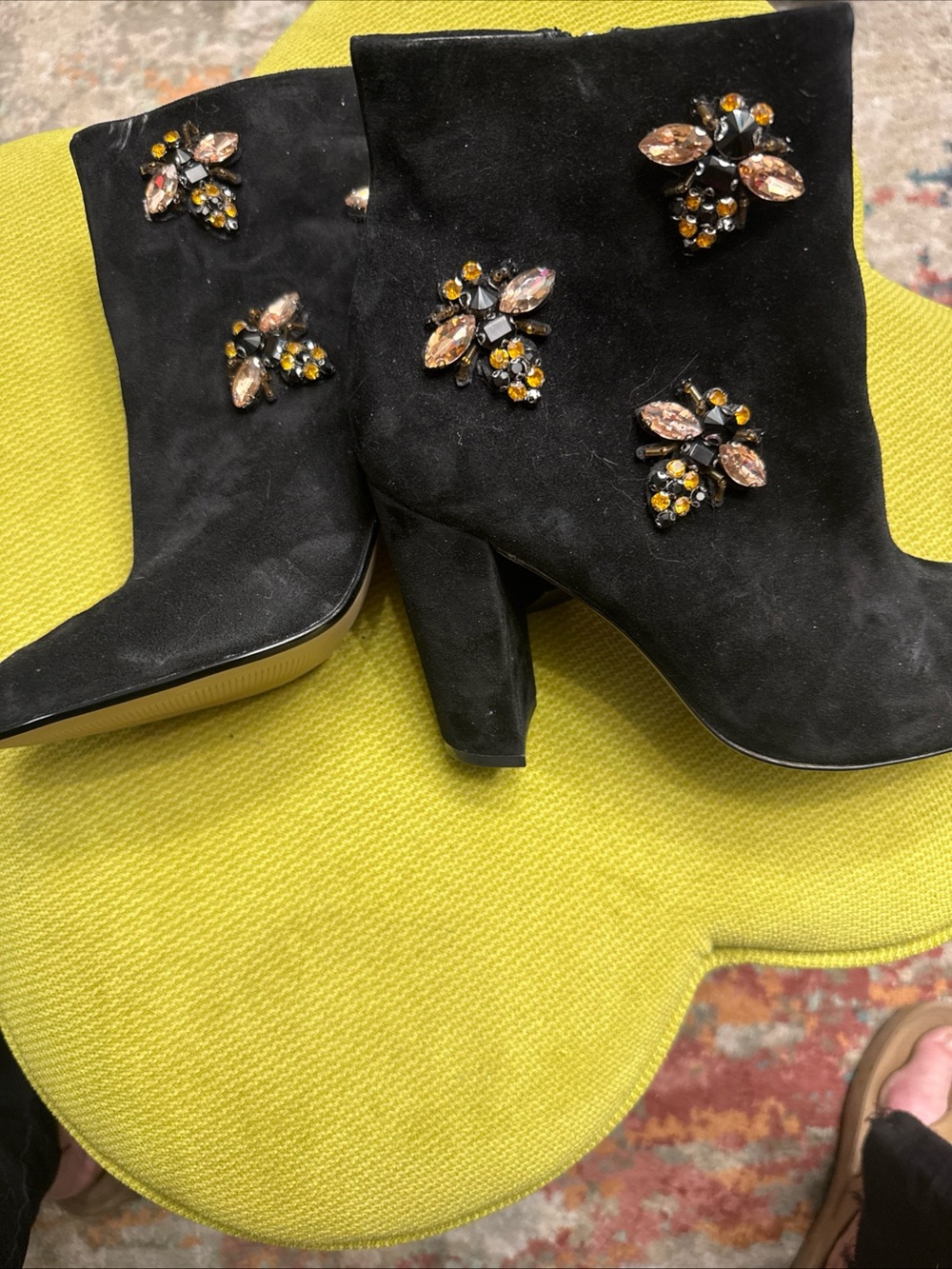 Embellished Black Suede Ankle Booties with Gem Accents